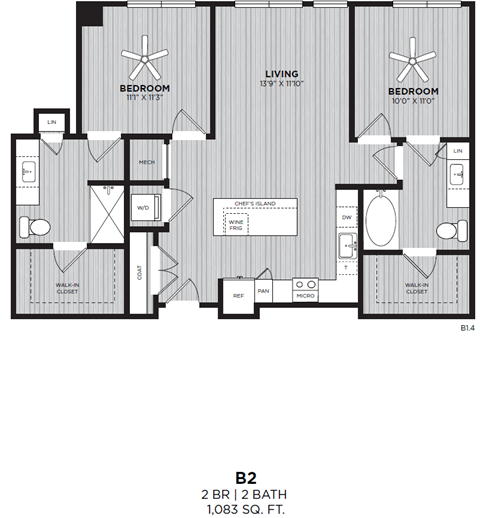 Floor plan for 2 beds, 2 baths, 1083 sqft